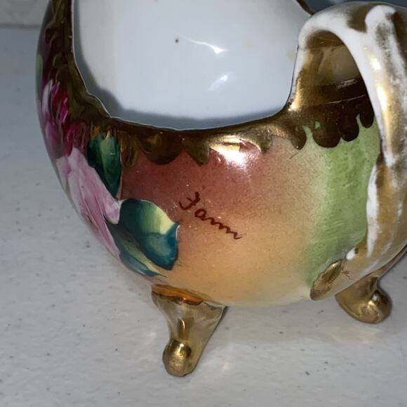 Vintage American Beauty Germany Creamer Sugar Bowl Set Hand Painted Rose Signed - Picture 9 of 15